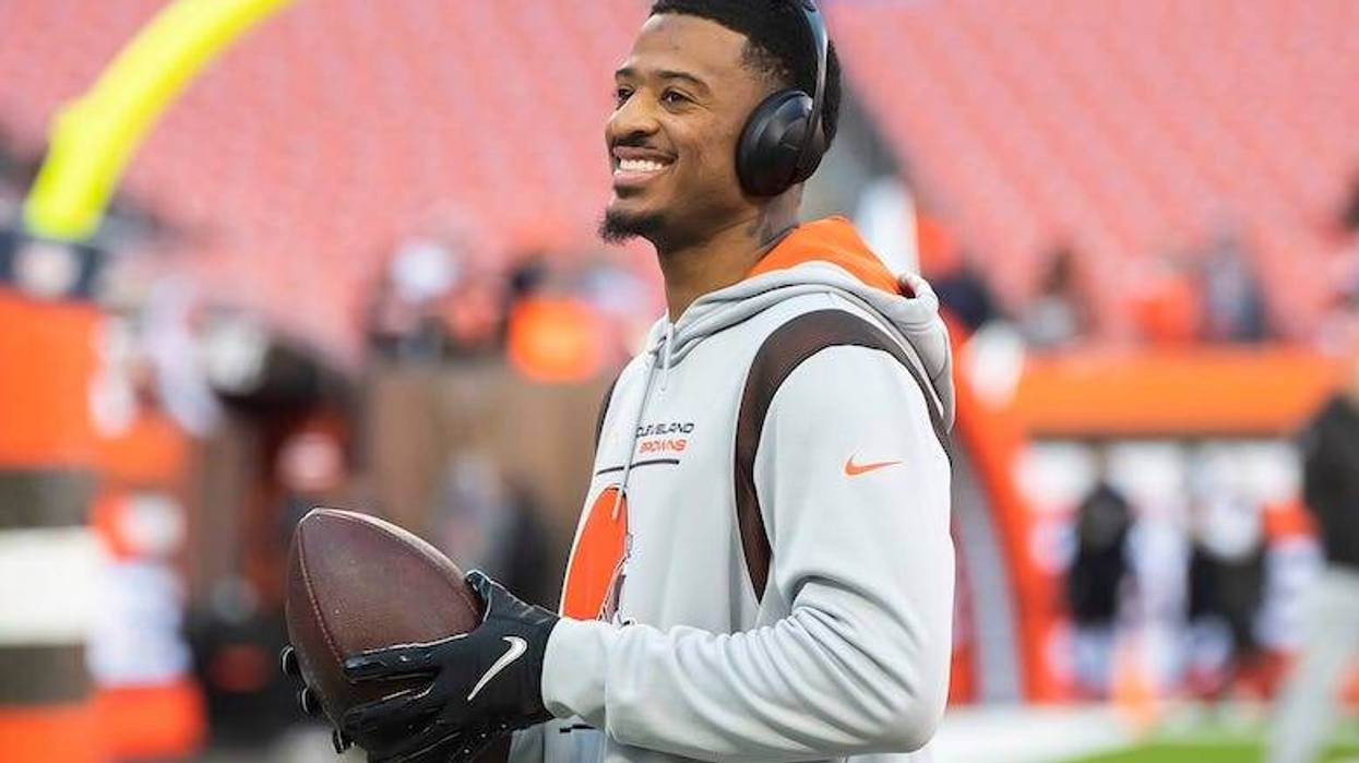 Cleveland Browns wide receiver Rashard Higgins (82) smiles at fans during warm ups before the game between the Browns and the Las Vegas Raiders at FirstEnergy Stadium