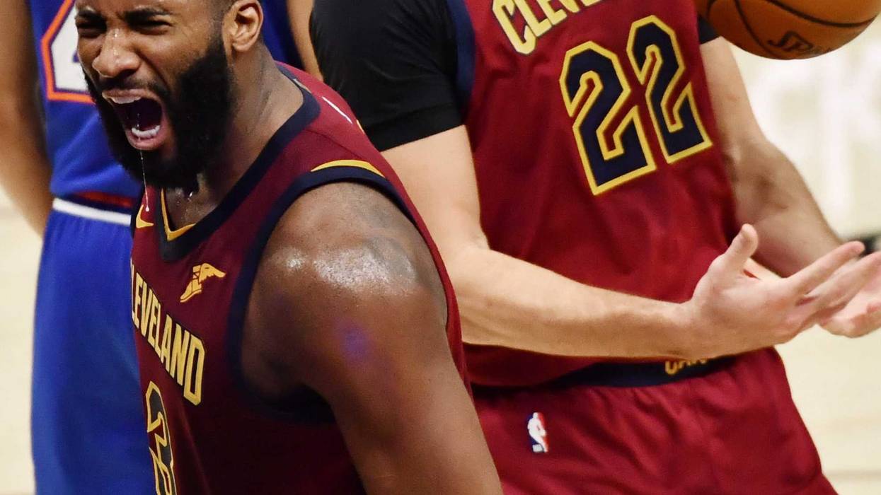 Cleveland Cavaliers center Andre Drummond (3) and forward Larry Nance Jr. (22) react after a play against the New York Knicks during the second quarter at Rocket Mortgage FieldHouse.
