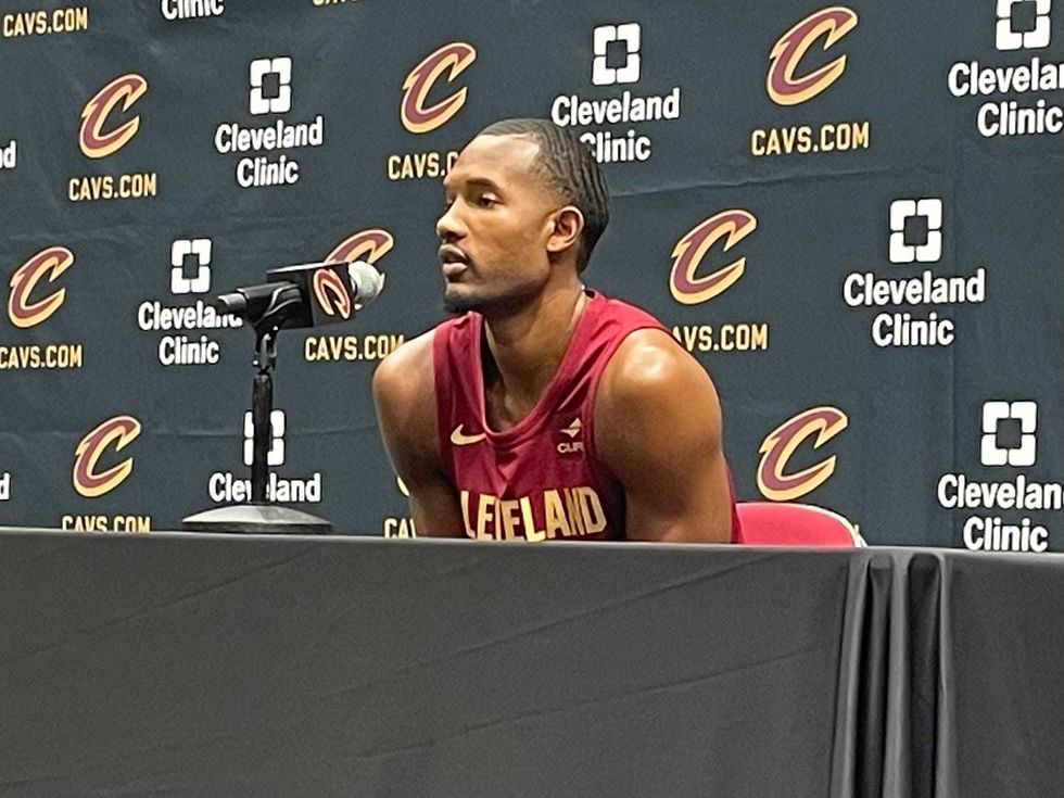 Cleveland Cavaliers Evan Mobley talks to reporters in a press conference during Monday