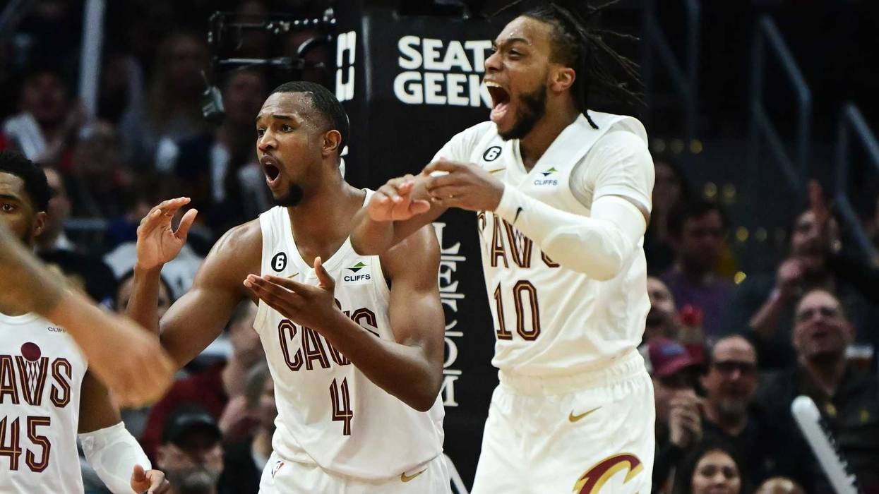Cleveland Cavaliers forward Evan Mobley (4) and guard Darius Garland (10) react after a foul call on Mobley during the second half against the New York Knicks at Rocket Mortgage FieldHouse.