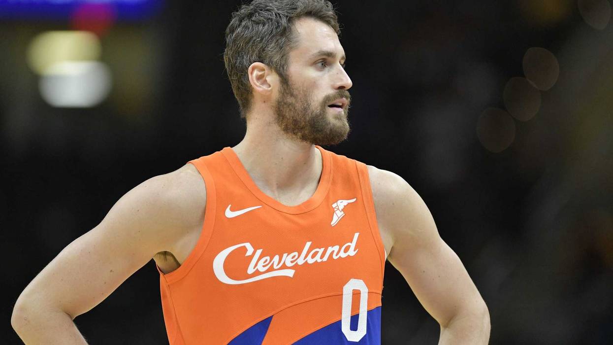 Cleveland Cavaliers forward Kevin Love (0) reacts in the second quarter against the Boston Celtics at Quicken Loans Arena.