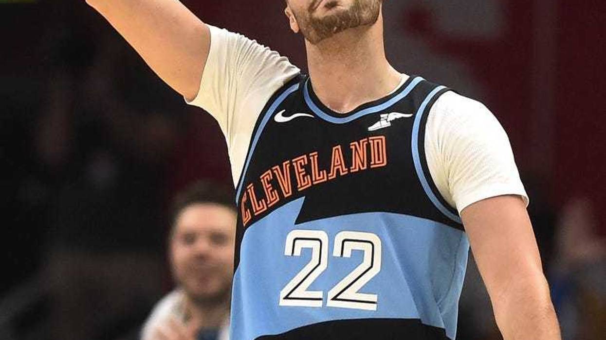 Cleveland Cavaliers forward Larry Nance Jr. (22) celebrates a three pointer during the first half against the Indiana Pacers at Rocket Mortgage FieldHouse.