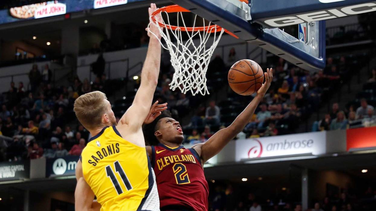 Cleveland Cavaliers guard Collin Sexton (2) takes a shot against Indiana Pacers forward Domantas Sabonis (11)