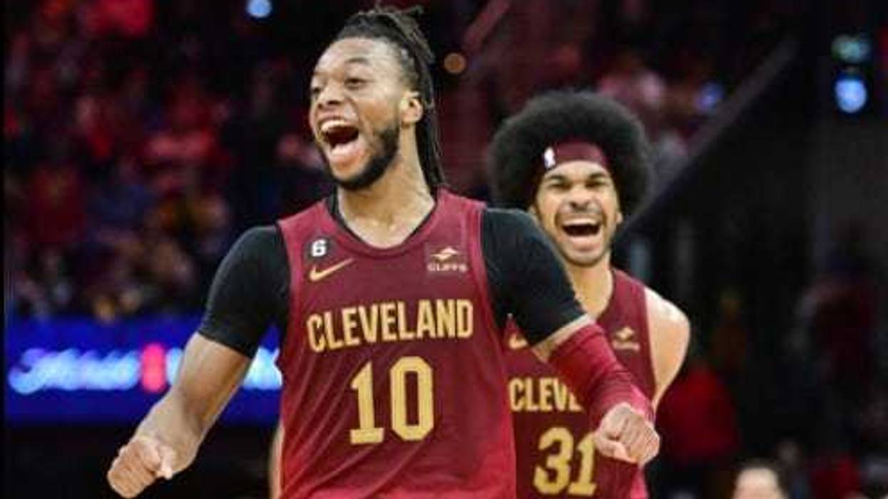 Cleveland Cavaliers guard Darius Garland (10) and center Jarrett Allen (31) react after a basket during the second half against the New Orleans Pelicans at Rocket Mortgage FieldHouse.