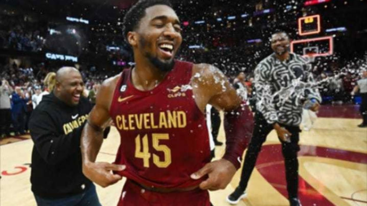 Cleveland Cavaliers guard Donovan Mitchell (45) celebrates after scoring 71 points to set the franchise record as the Cavaliers beat the Chicago Bulls at Rocket Mortgage FieldHouse.