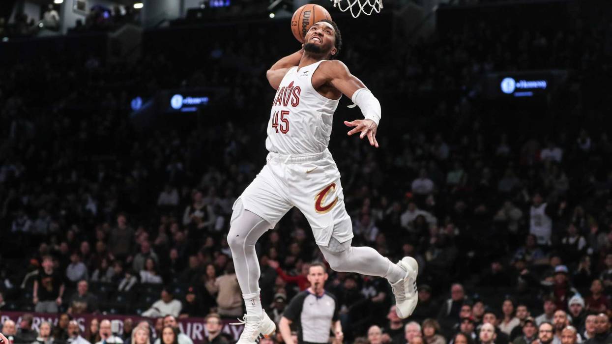 Cleveland Cavaliers guard Donovan Mitchell (45) goes up for a dunk in the first quarter against the Brooklyn Nets at Barclays Center.