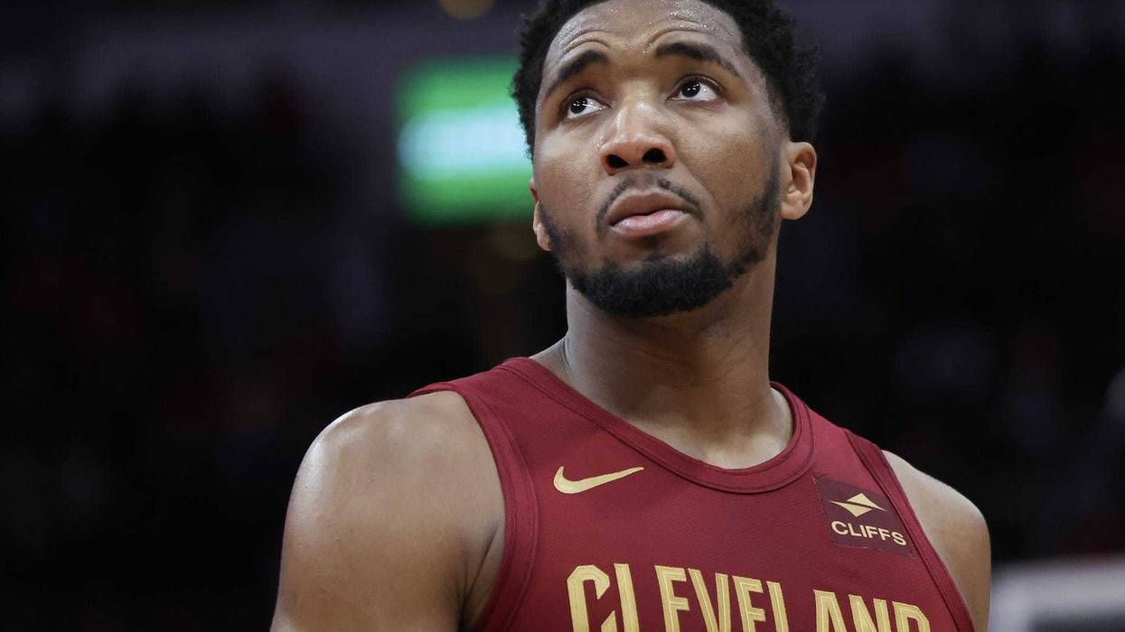 Cleveland Cavaliers guard Donovan Mitchell (45) looks at the replay board while playing against the Houston Rockets in the second half at Toyota Center.
