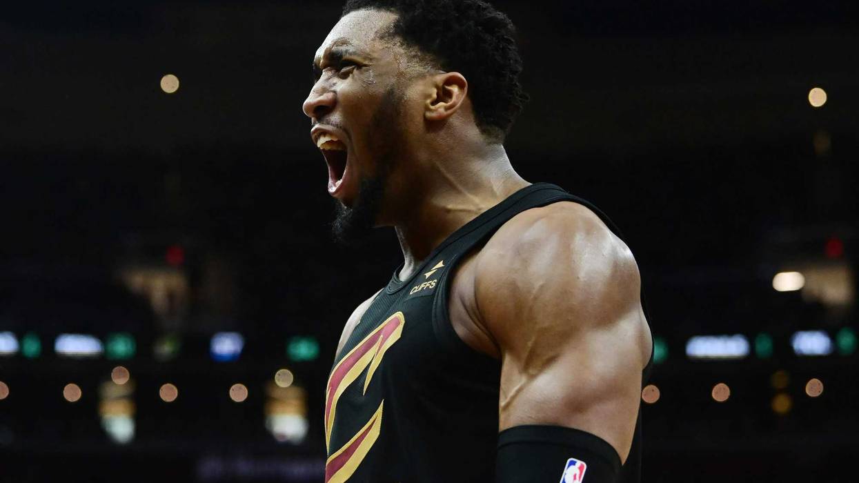 Cleveland Cavaliers guard Donovan Mitchell (45) reacts after a basket during the second half against the Orlando Magic in game seven of the first round for the 2024 NBA playoffs at Rocket Mortgage FieldHouse