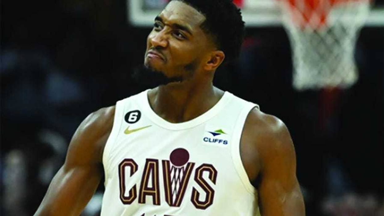 Cleveland Cavaliers guard Donovan Mitchell (45) reacts as time expires during overtime against the Washington Wizards at Rocket Mortgage FieldHouse.