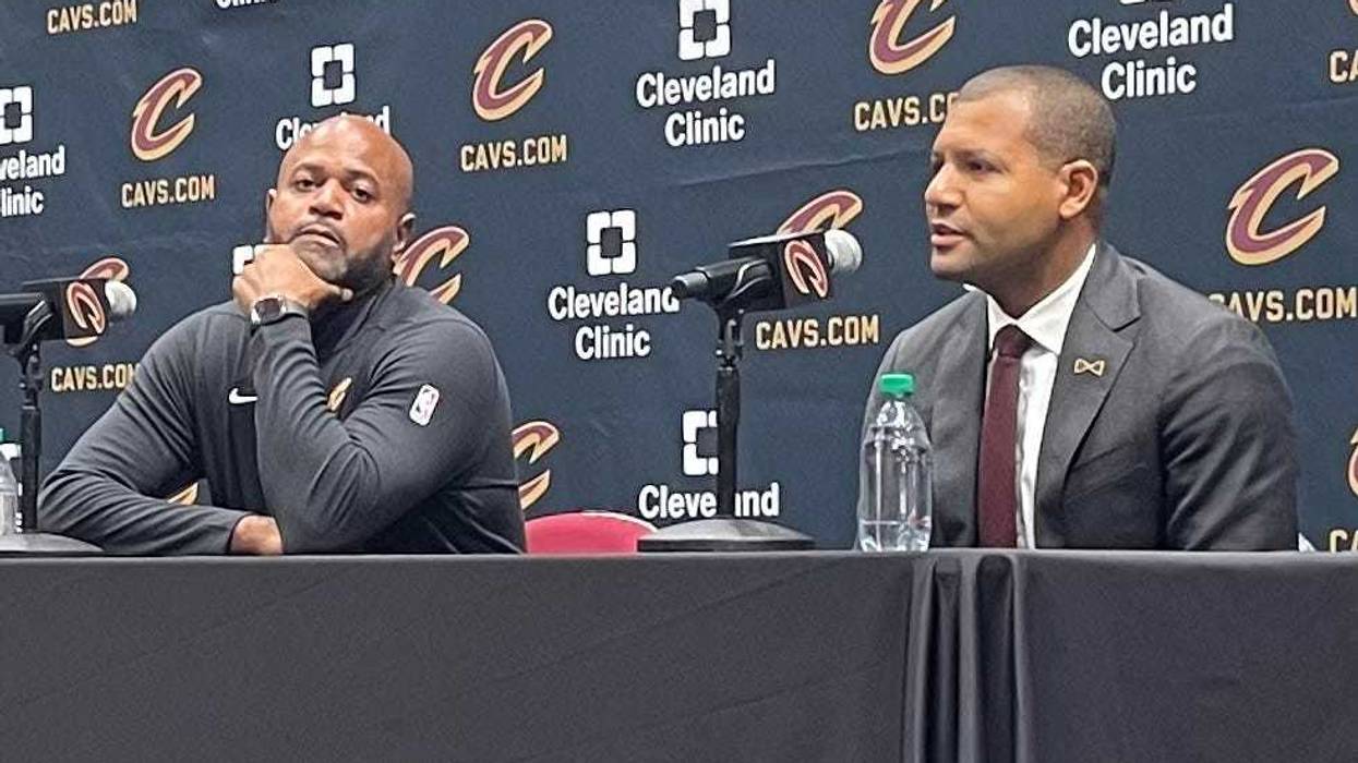 Cleveland Cavaliers head coach JB Bickerstaff (left) and president Koby Altman (right) speak in a press conference during Monday's media day at Rocket Mortgage Fieldhouse.