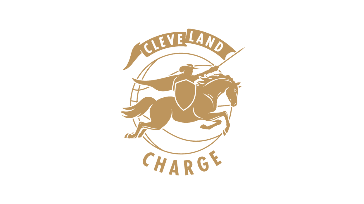 Cleveland Charge logo: Gold knight on horseback with spear & shield over a globe.
