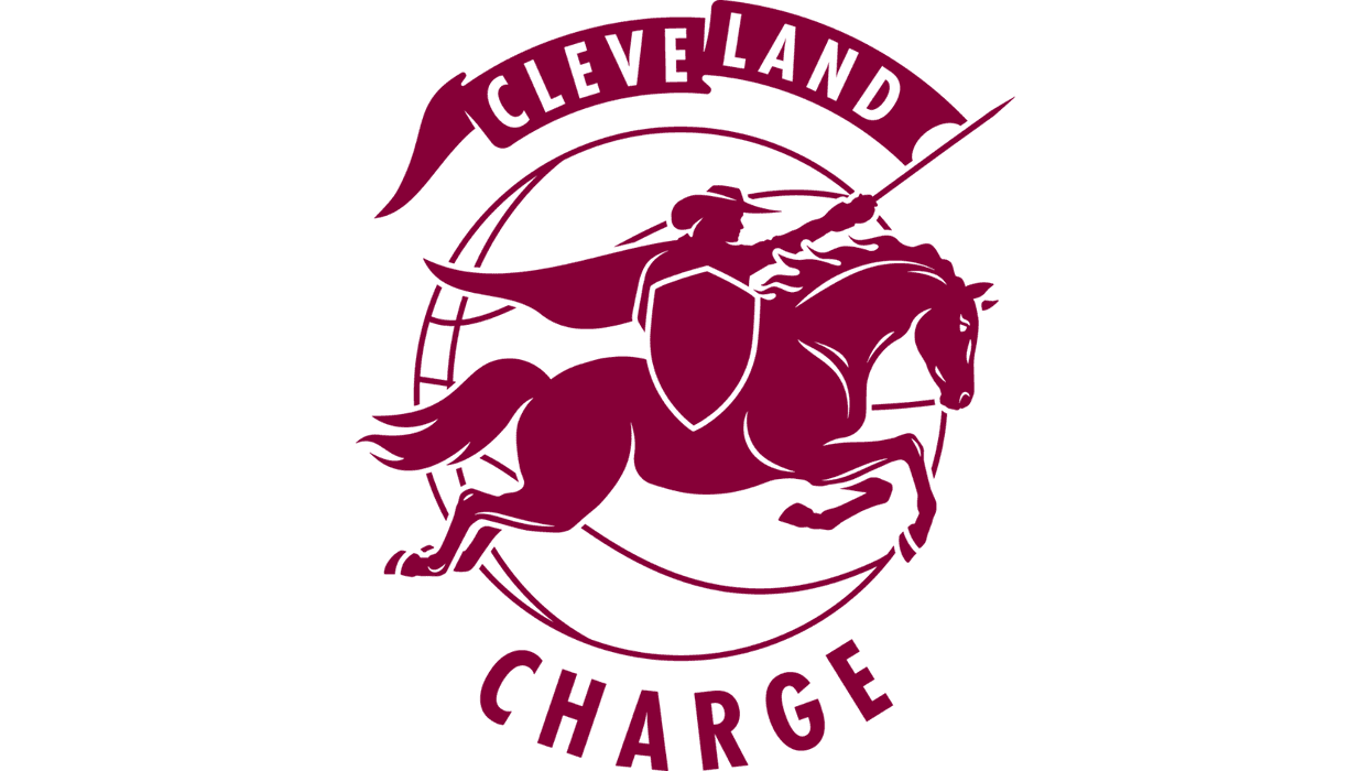 Cleveland Charge logo: Maroon knight on charging horse, holding a spear and shield.