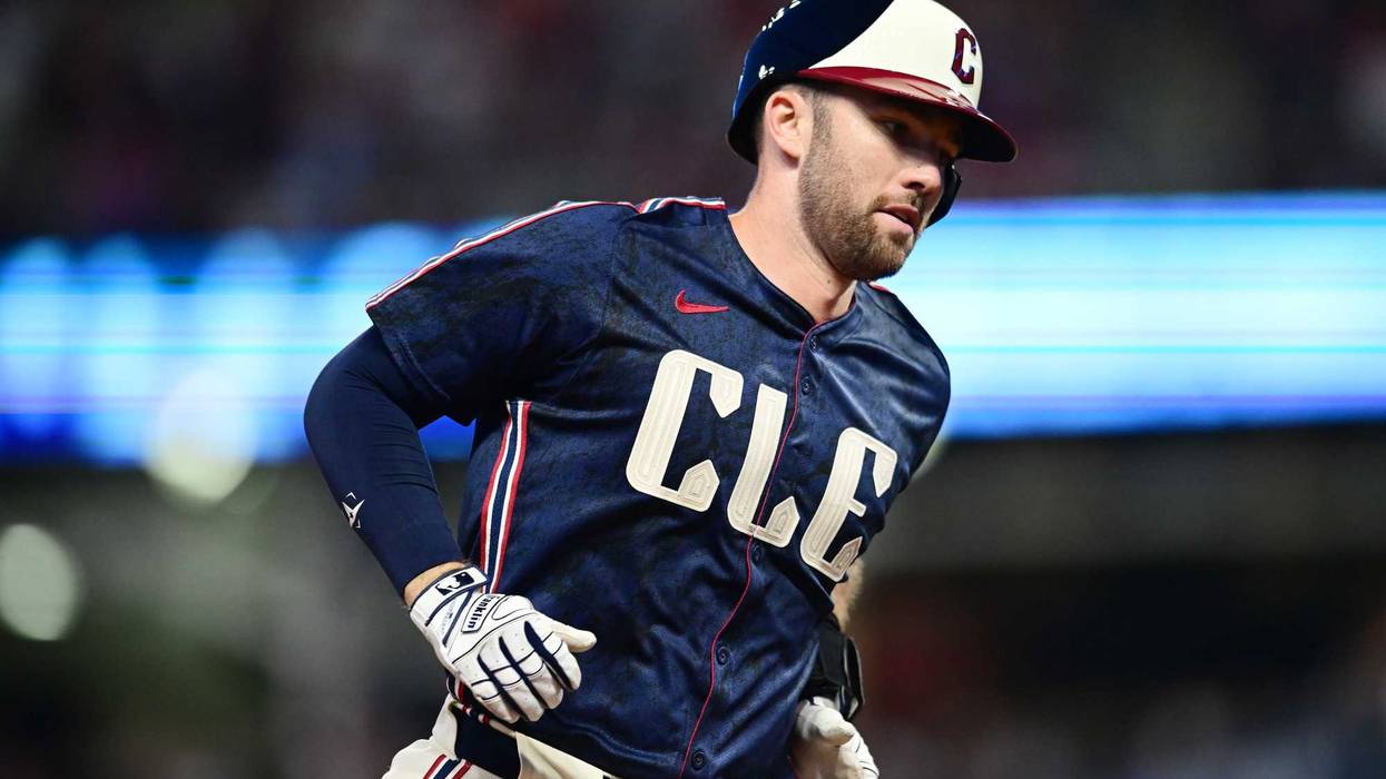 Cleveland Guardians catcher David Fry (6) rounds the bases after hitting a three run home run against the Nationals.