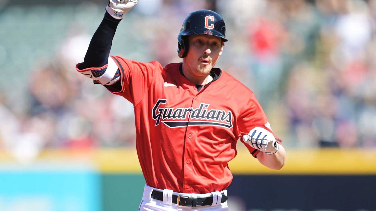 Cleveland Guardians designated hitter Kyle Manzardo (9) rounds the bases after hitting a home run during the first inning against the Minnesota Twins at Progressive Field.