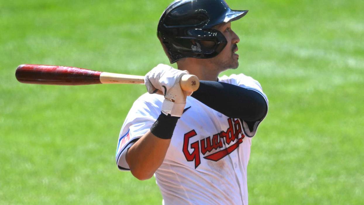 Cleveland Guardians left fielder Steven Kwan (38) hits a solo home run in the second inning against the San Francisco Giants at Progressive Field.