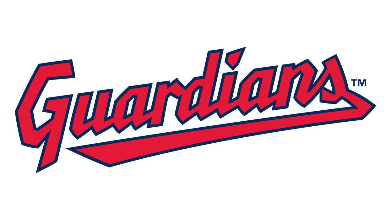 Cleveland Guardians logo: "Guardians" in red stylized text with a blue outline, slanted upwards.