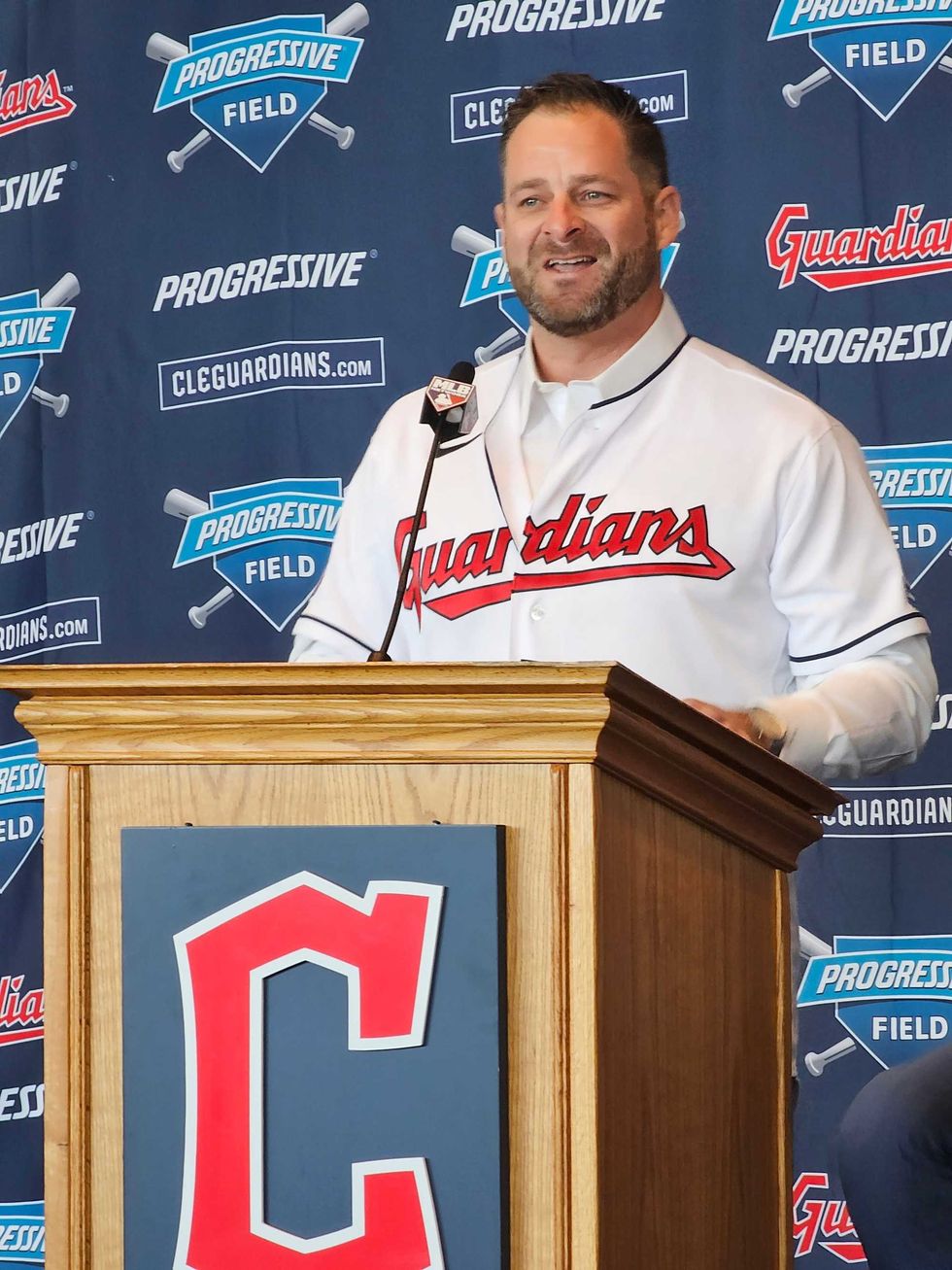 Cleveland Guardians new manager Stephen Vogt addressing the Cleveland media at his introductory press conference.