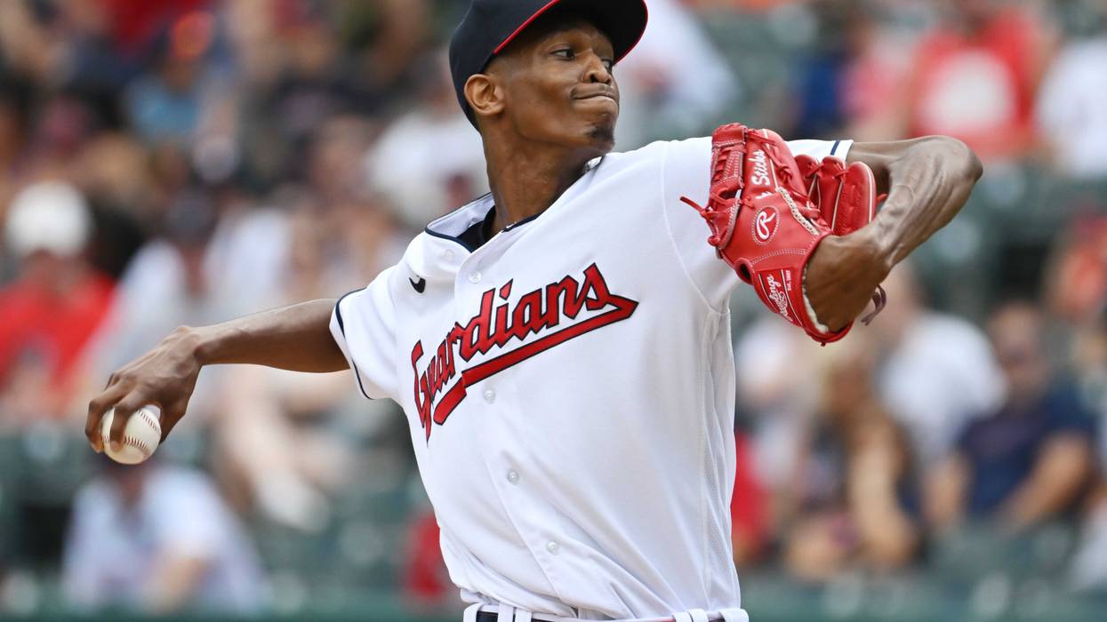 Cleveland Guardians starting pitcher Triston McKenzie (24) throws a pitch during the first inning against the Houston Astros at Progressive Field.