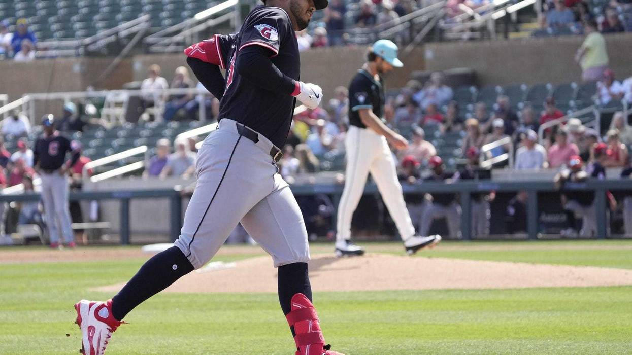 Cleveland Guardians third base Gabriel Arias (13) rounds the bases after a solo home run against Arizona Diamondbacks pitcher Zac Gallen during a spring training game at Salt River Fields on Feb. 24, 2025.