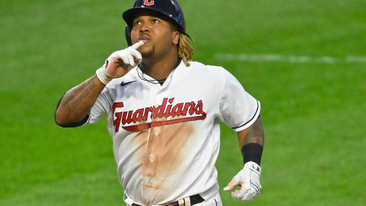 Cleveland Guardians third baseman Jose Ramirez (11) celebrates his three-run home run in the sixth inning against the Detroit Tigers at Progressive Field.