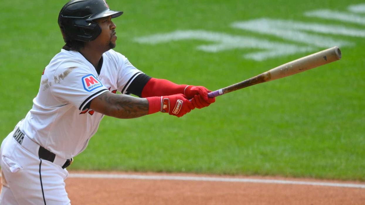 Cleveland Guardians third baseman Jose Ramirez (11) watches his two-run home run in the third inning against the Toronto Blue Jays at Progressive Field.