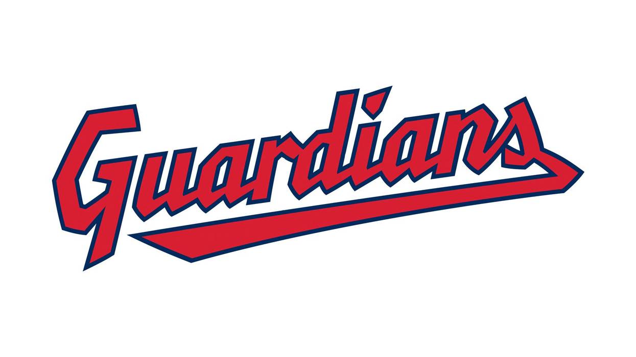 Cleveland Guardians wordmark logo, red script with blue outline.
