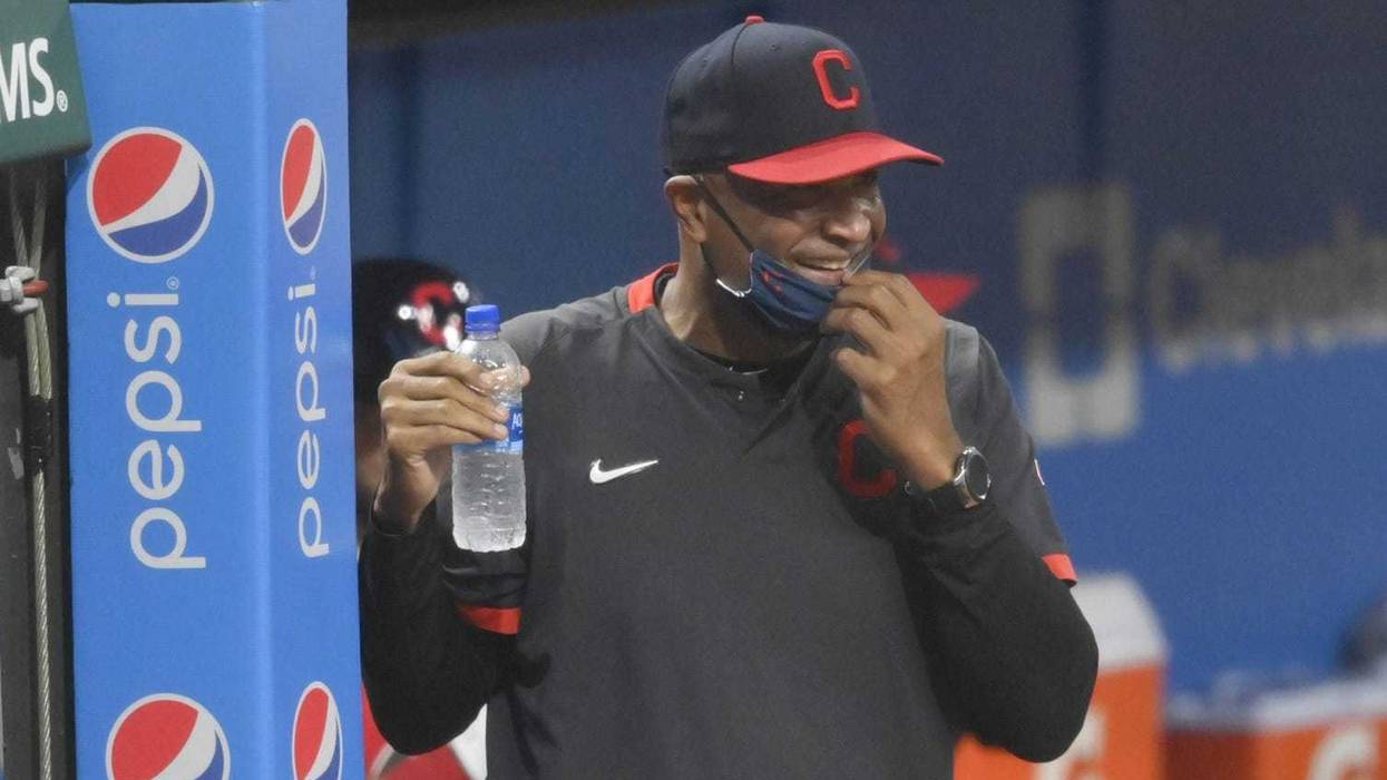 Cleveland Indians acting manager Sandy Alomar Jr. reacts in the eighth inning against the Kansas City Royals at Progressive Field.