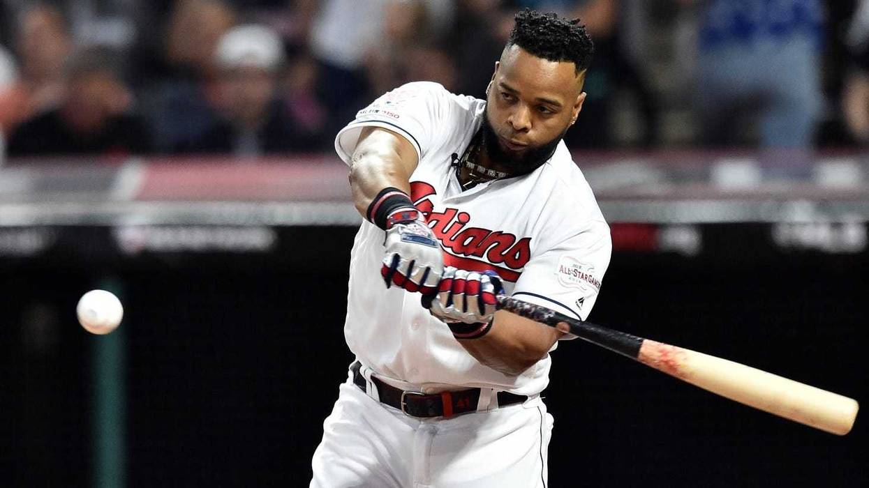 Cleveland Indians first baseman Carlos Santana (41) during the first round in the 2019 MLB Home Run Derby at Progressive Field.