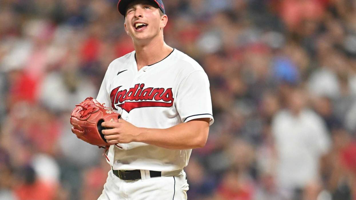 Cleveland Indians relief pitcher James Karinchak (99) reacts after giving up a home run to Boston Red Sox shortstop Jonathan Arauz (not pictured) during the eighth inning at Progressive Field.