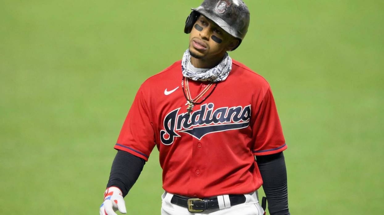 Cleveland Indians shortstop Francisco Lindor (12) reacts after popping out against the New York Yankees in the third inning at Progressive Field.