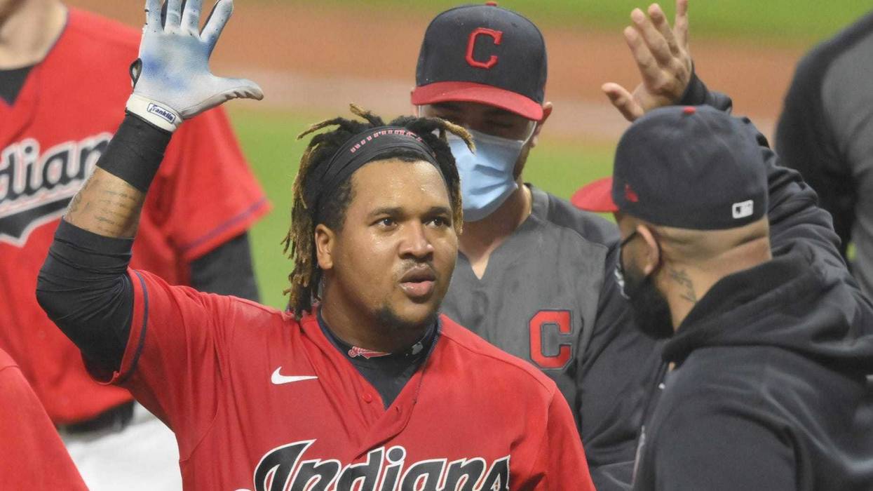 Cleveland Indians third baseman Jose Ramirez (11) celebrates his game-winning, three-run home run in the tenth inning against the Chicago White Sox at Progressive Field.