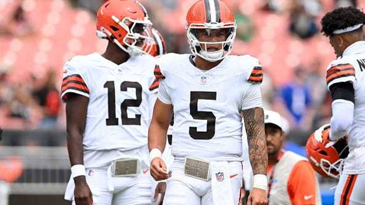 CLEVELAND, OHIO - AUGUST 23: Dillon Gabriel #5 and Shedeur Sanders #12 of the Cleveland Browns look on prior to an NFL Preseason 2025 game against the Los Angeles Rams at Huntington Bank Field on August 23, 2025 in Cleveland, Ohio.