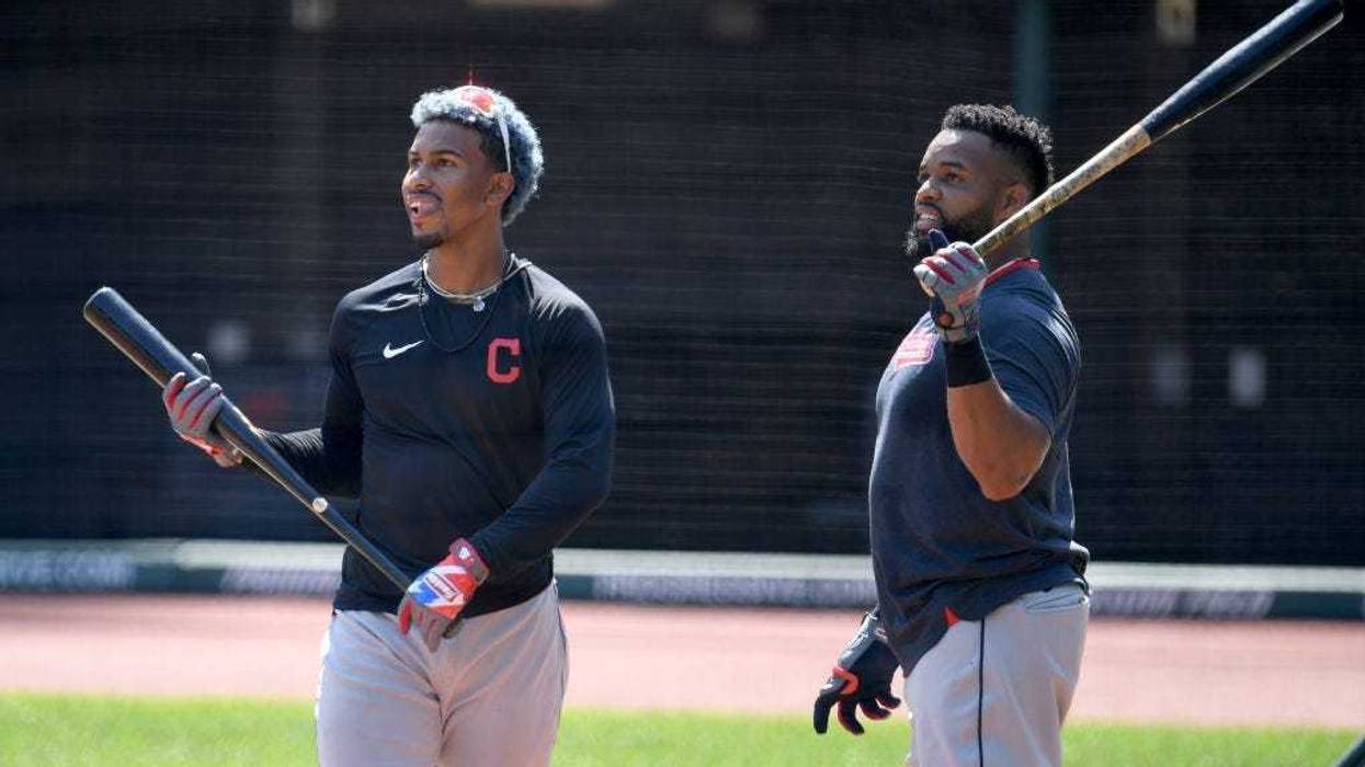 CLEVELAND, OHIO - JULY 06: Francisco Lindor #12 and Carlos Santana #41 of the Cleveland Indians take part in summer workouts at Progressive Field on July 06, 2020 in Cleveland, Ohio. (Photo by Jason Miller/Getty Images)