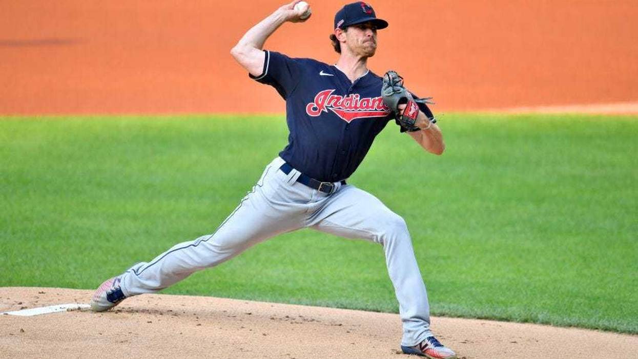 CLEVELAND, OHIO - JULY 09: Starter Shane Bieber #57 of the Cleveland Indians pitches during the first inning of an intrasquad game during summer workouts at Progressive Field on July 09, 2020 in Cleveland, Ohio. (Photo by Jason Miller/Getty Images)
