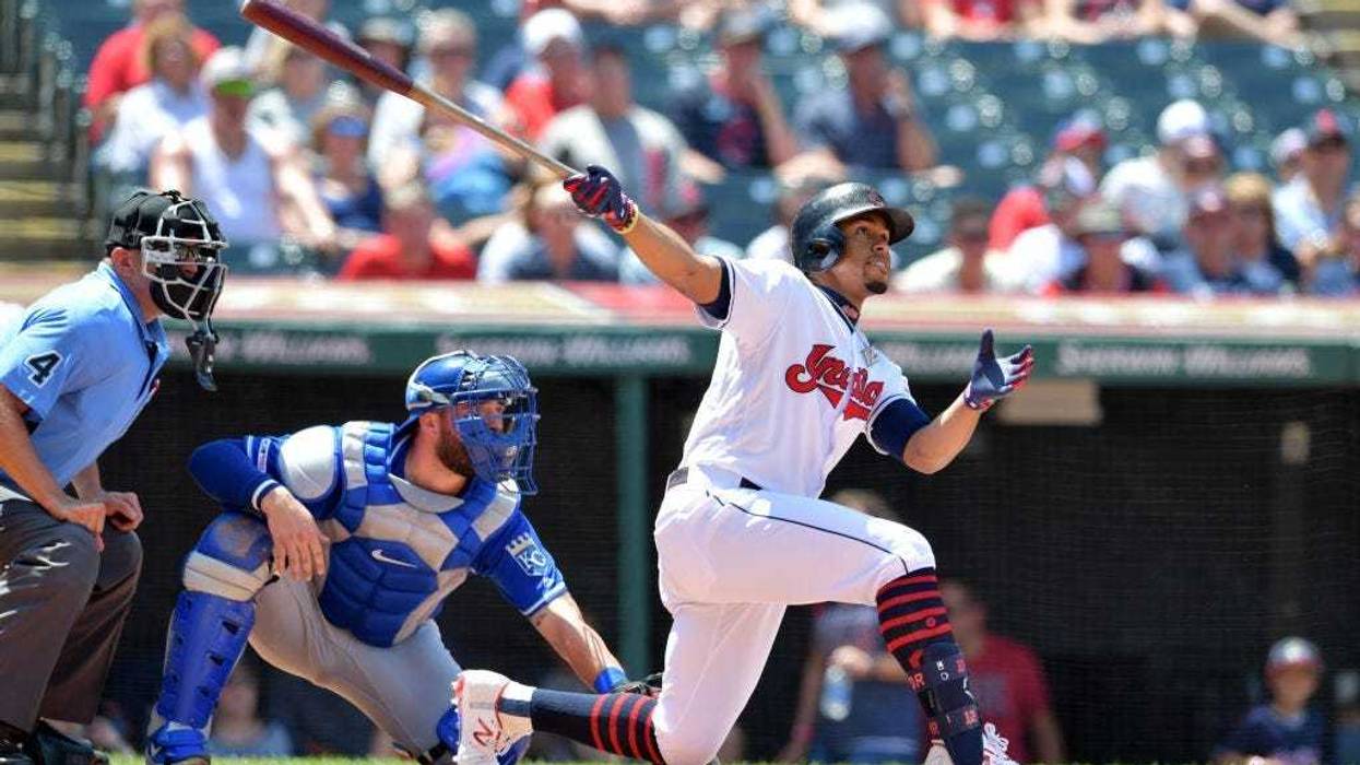 CLEVELAND, OHIO - JULY 21: Francisco Lindor #12 of the Cleveland Indians hits a two run home run during the third inning against the Kansas City Royals at Progressive Field on July 21, 2019 in Cleveland, Ohio. (Photo by Jason Miller/Getty Images)