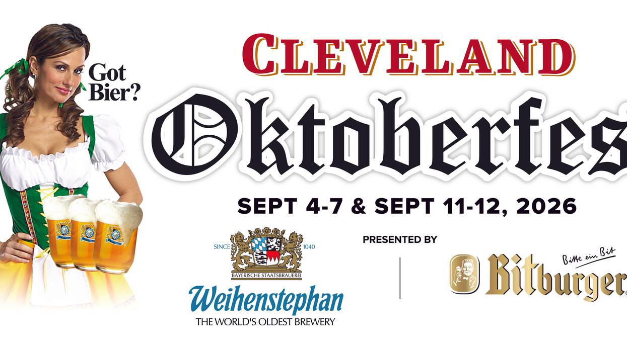 Cleveland Oktoberfest 2026 ad: woman in dirndl with beer steins.