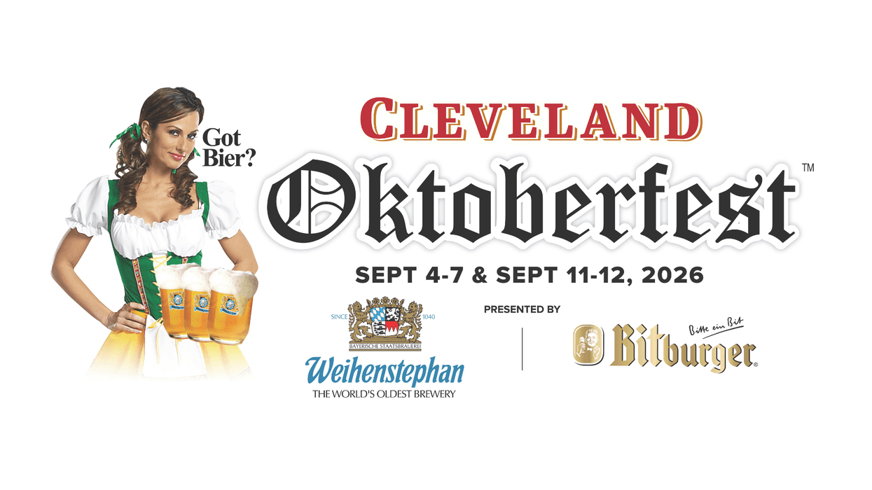 Cleveland Oktoberfest 2026: Sept 4-7 & 11-12. Woman in dirndl holds three beers.