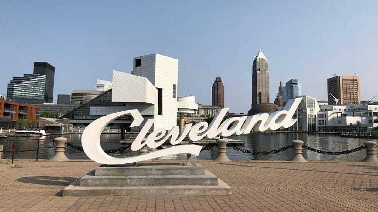 Cleveland script sign in front of the Rock and Roll Hall of Fame