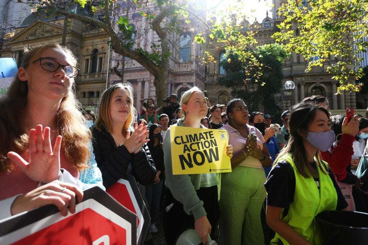 Climate activists gather during the 'School Strike 4 Climate' at Town Hall on May 06, 2022 in Sydney, Australia.