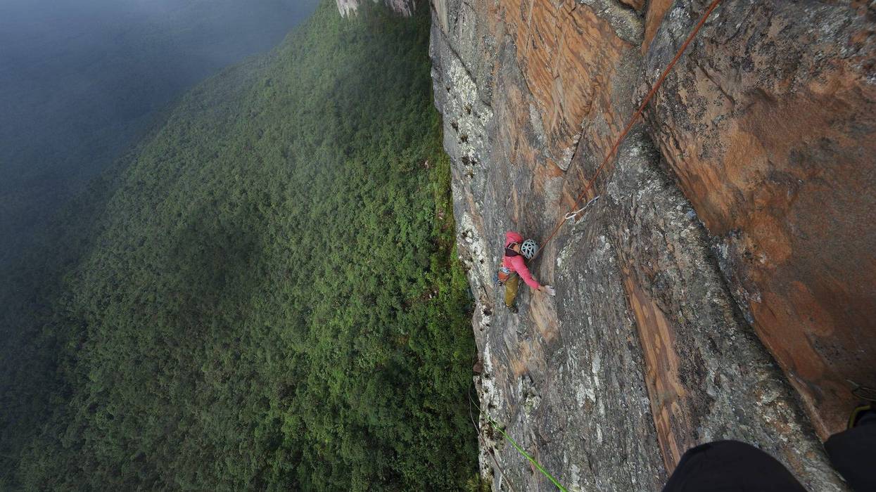Climber Federico Pisani makes a first ascent up the cliff face of Weiassipu, a tepui in Western Guyana.