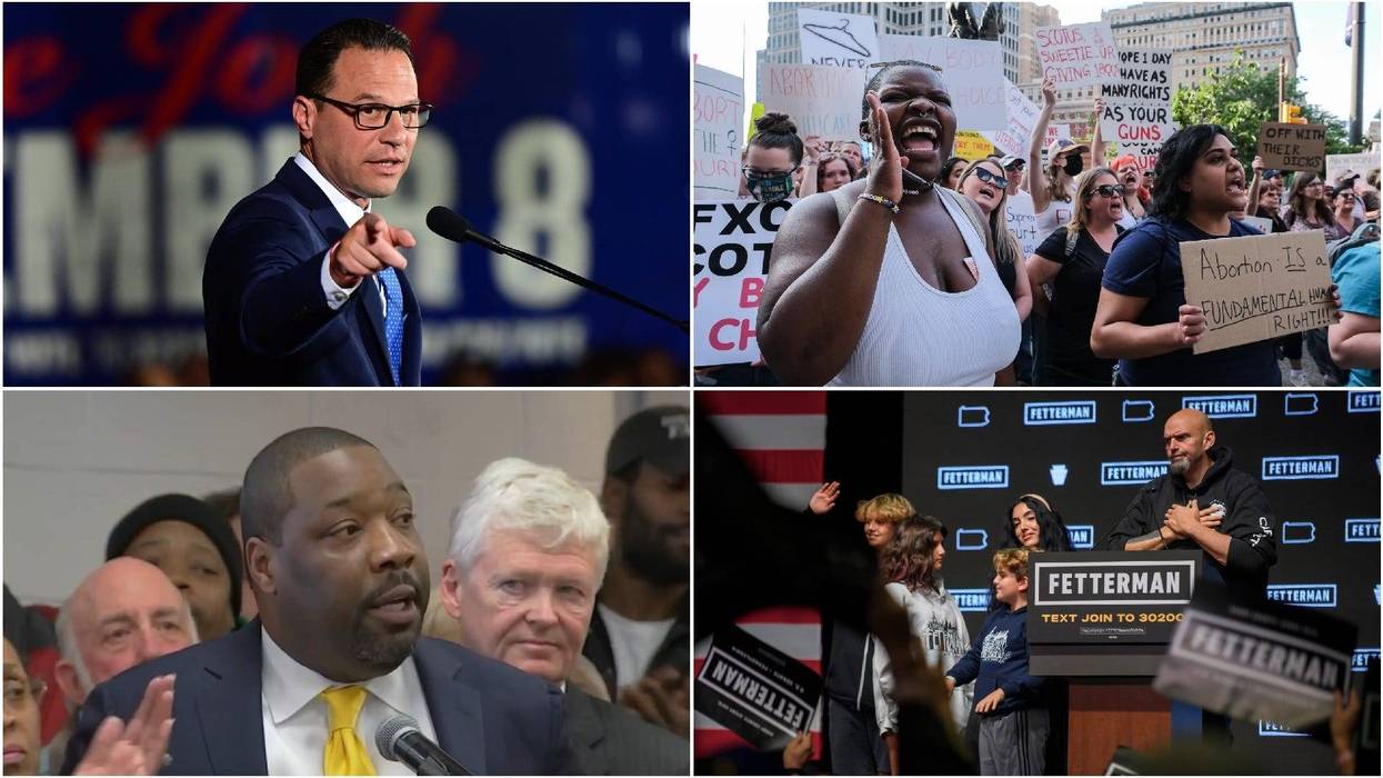 Clockwise from top left: Pennsylvania Gov.-elect Josh Shapiro, protesters outside Philadelphia City Hall after the repeal of Roe v. Wade, U.S. Senator-elect John Fetterman, Philadelphia City Councilmember Kenyatta Johnson.