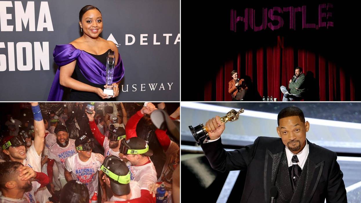 Clockwise from top left: Quinta Brunson, Adam Sandler discussing the Philadelphia-based movie Hustle, Will Smith, the Philadelphia Phillies.