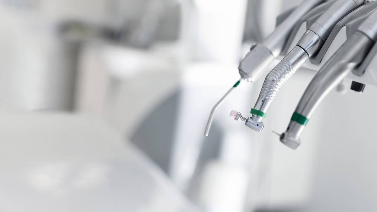 Close-up of clean dental handpieces and tools in a modern dental clinic.