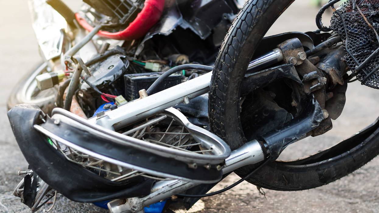 Close-up of the front of a destroyed motorcycle