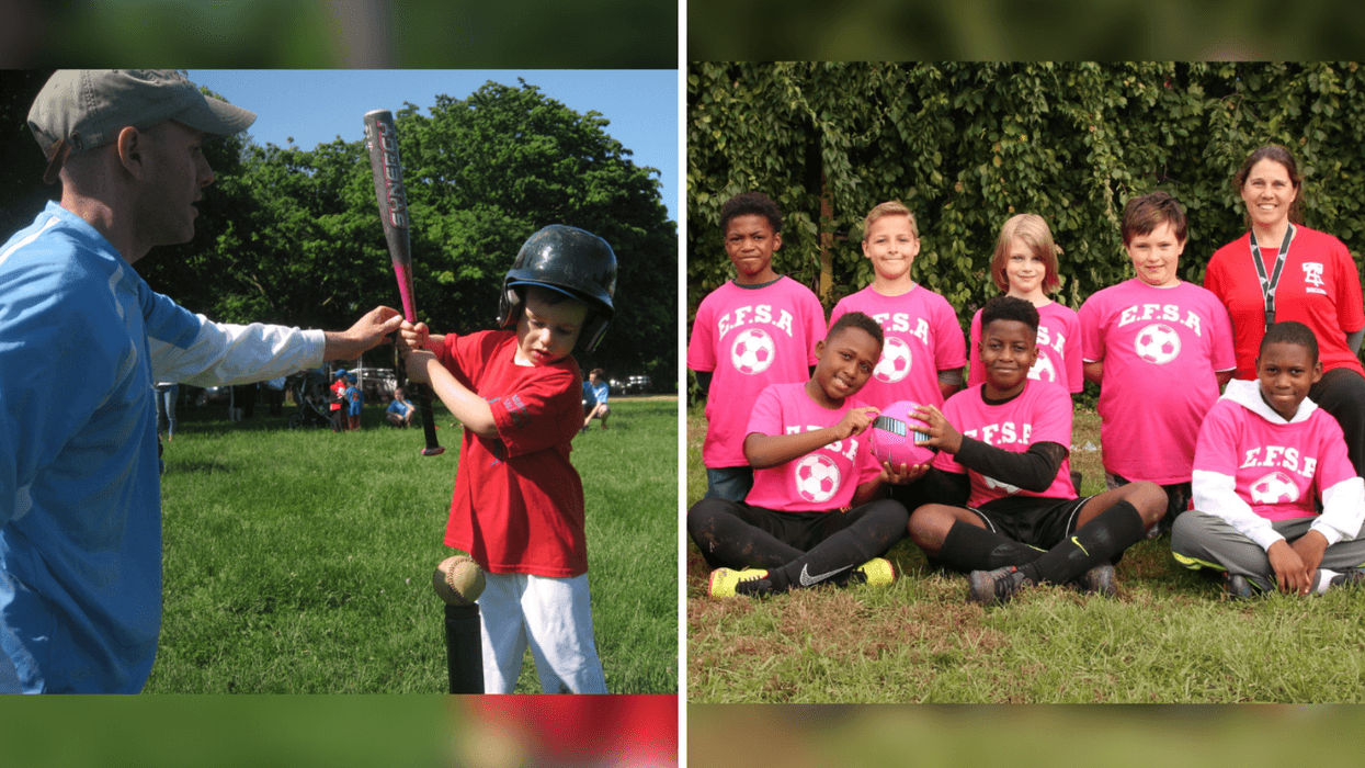 Coach Eric Arnoldi supervising T-ball batting (left) and Coach Jen Arnoldi with the Pink Panthers (right).