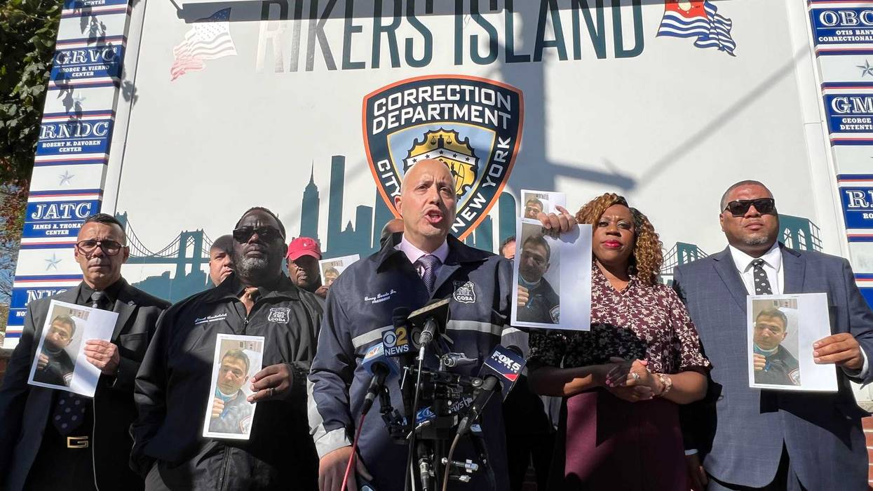 COBA President Benny Boscio briefs the press Wednesday in front of the Rikers Island jail sign, slamming the latest attack on a correction officer one day after another officer was stabbed.COBA President Benny Boscio briefs the press Wednesday in front of the Rikers Island jail sign, slamming the latest attack on a correction officer one day after another officer was stabbed.