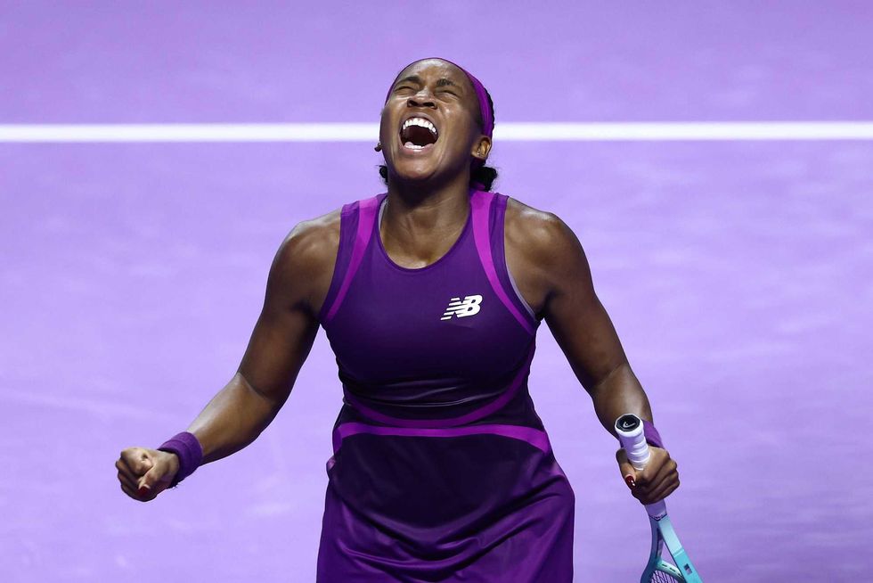 Coco Gauff of the United States celebrates her win against Qinwen Zheng of China in their Women