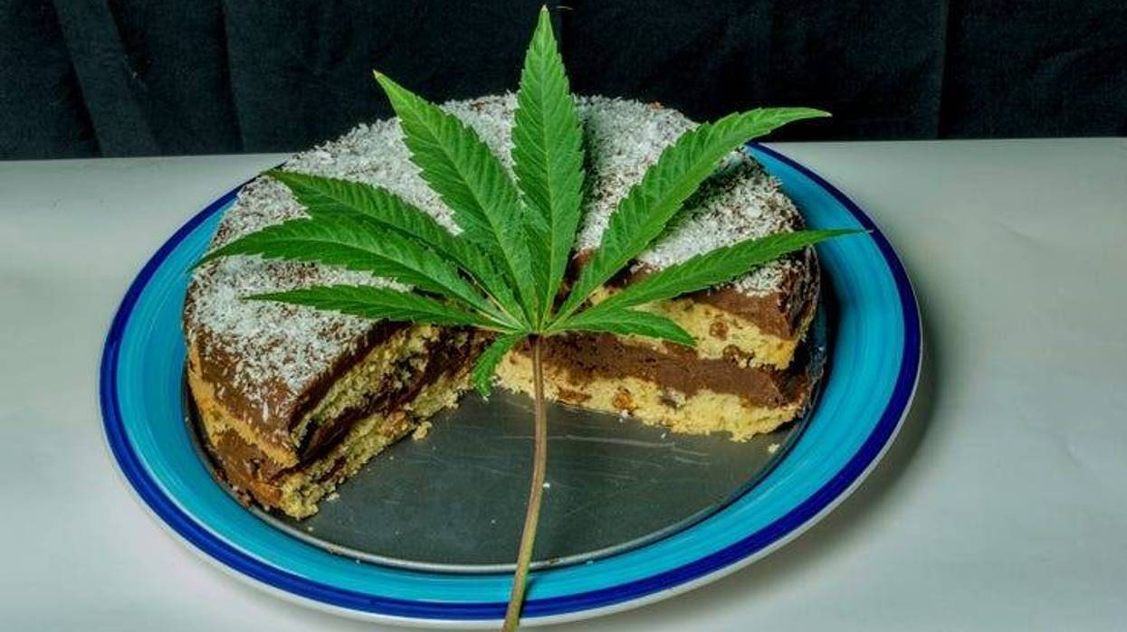 Coconut chocolate cake on blue dish with marijuana green leaf