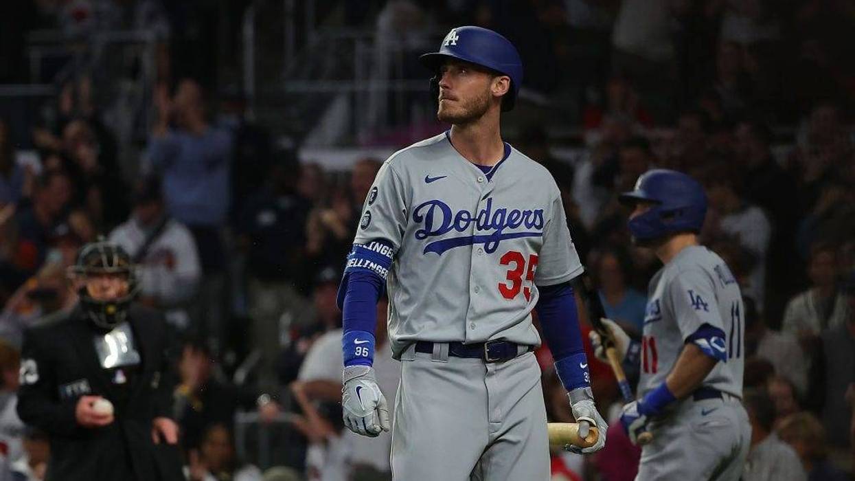 Cody Bellinger #35 of the Los Angeles Dodgers reacts to a strike out during the ninth inning of Game Six of the National League Championship Series.