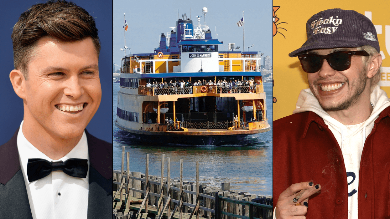 Colin Jost (L), the Staten Island Ferry John F. Kennedy (C) and Pete Davidson (R)